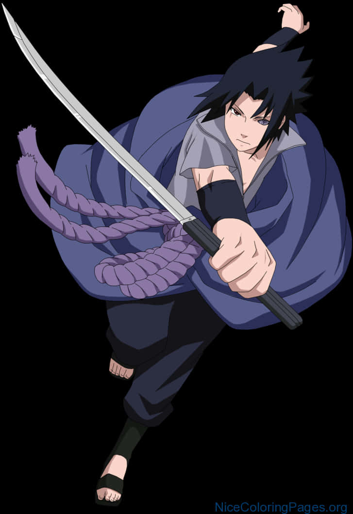 Uchiha Clan 桌布 壁紙 — 動漫角色宇智波佐助以動態姿勢揮舞帶有紫色繩索的劍，黑色背景。