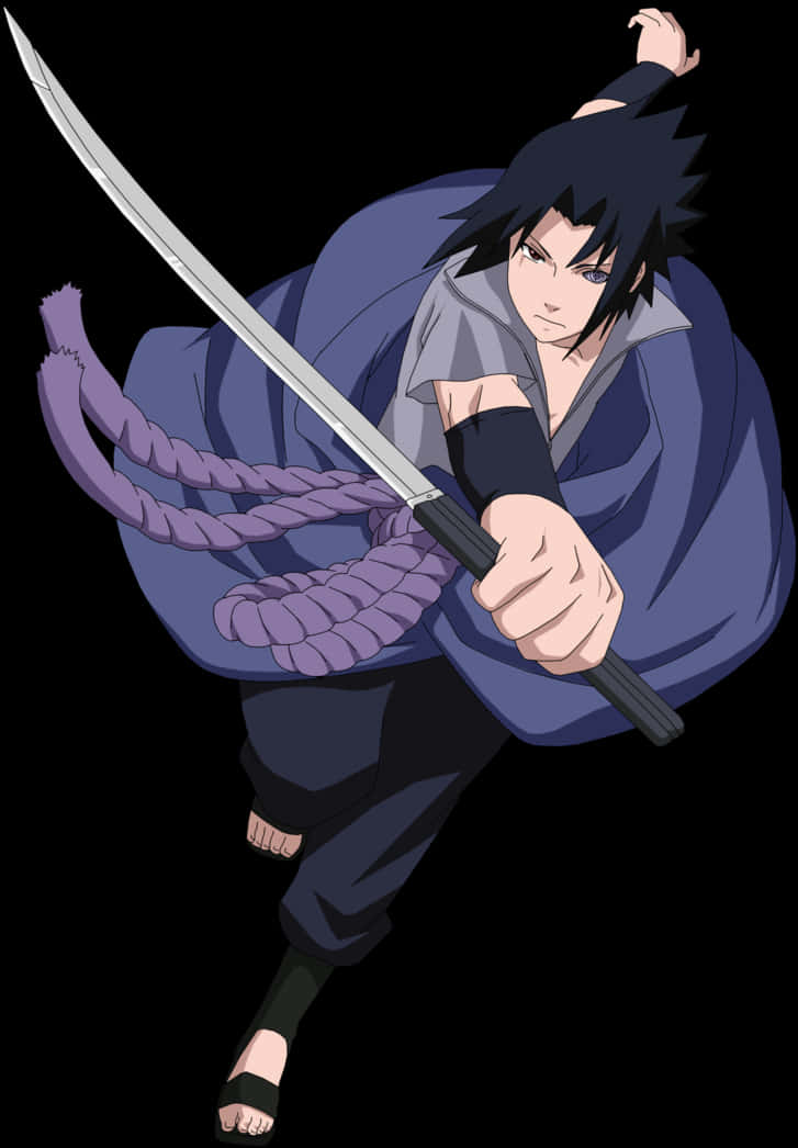 Rinnegan 桌布 壁紙 — 動漫角色宇智波佐助以動態姿勢揮舞帶有紫色繩索的劍，背景為黑色。