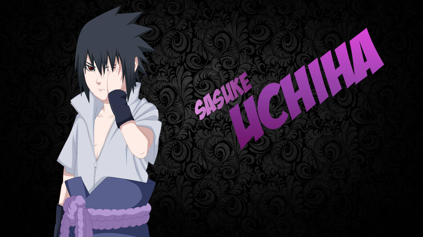Sasuke 4K 桌布 壁紙 — 動漫角色宇智波佐助以自信姿態站在黑色華麗背景前，他的名字以粗體紫色文字顯示。