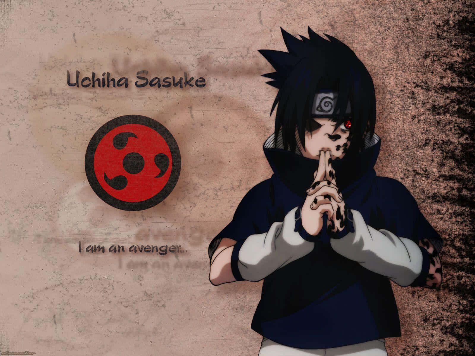 Sasuke Uchiha Cursed Mark 桌布 壁紙 — 動漫角色宇智波佐助以雙手合攏的堅定姿勢站立，他的寫輪眼在帶有紋理的米色背景前發出紅光。