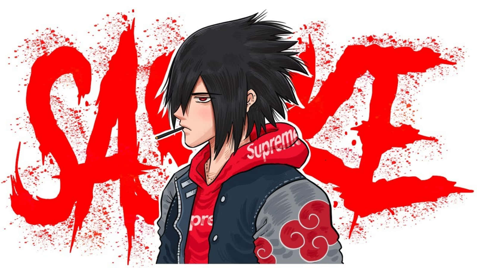 火影忍者 桌布 壁紙 — 動漫角色宇智波佐助在鮮紅色潑濺的「SASUKE」背景前抽煙。