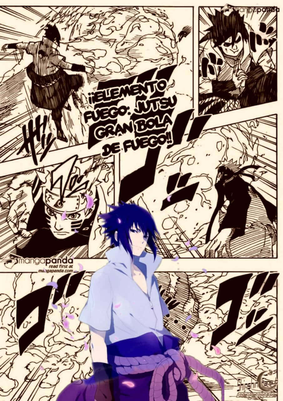 Manga Pages 桌布 壁紙 — 動漫角色宇智波佐助站在前景，背景面板顯示鳴人使用火遁術，呈現動態漫畫風格動作。