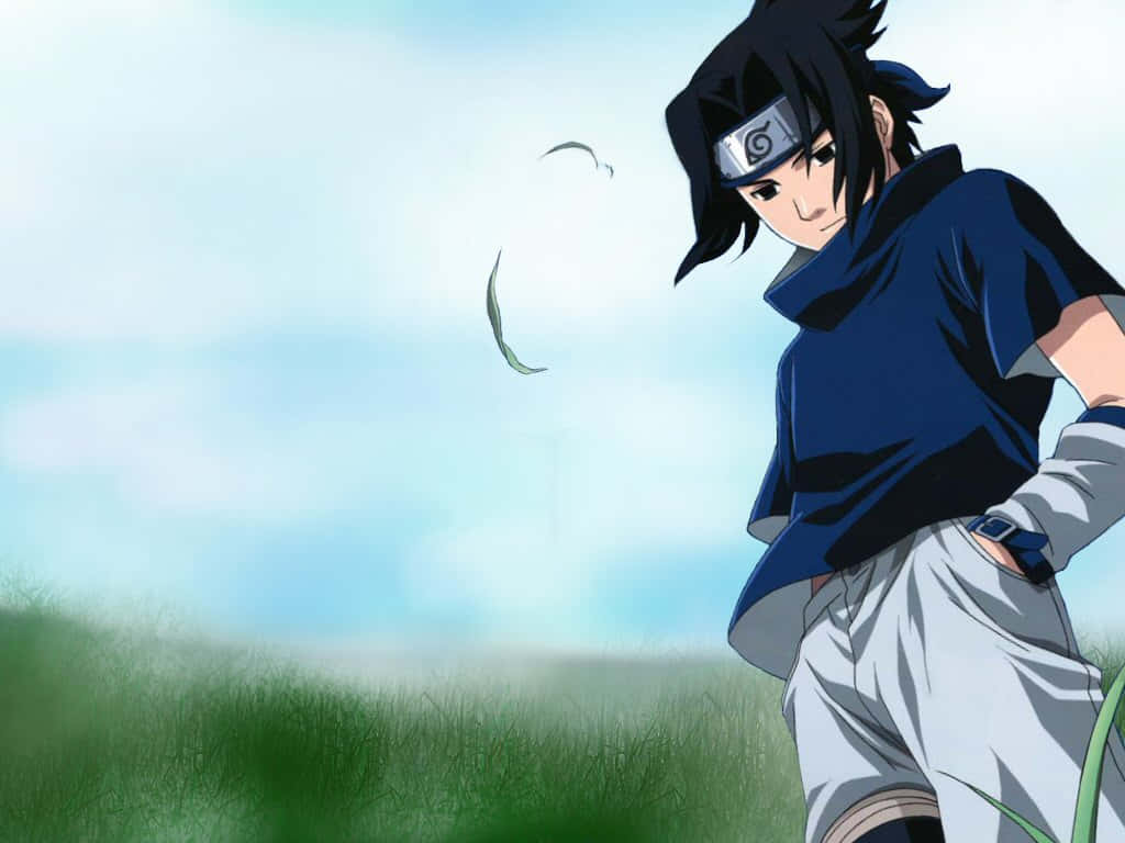 Naruto Alone 桌布 壁紙 — 動漫角色宇智波佐助站在明亮的天空下的草地上，一片葉子在他頭附近旋轉。