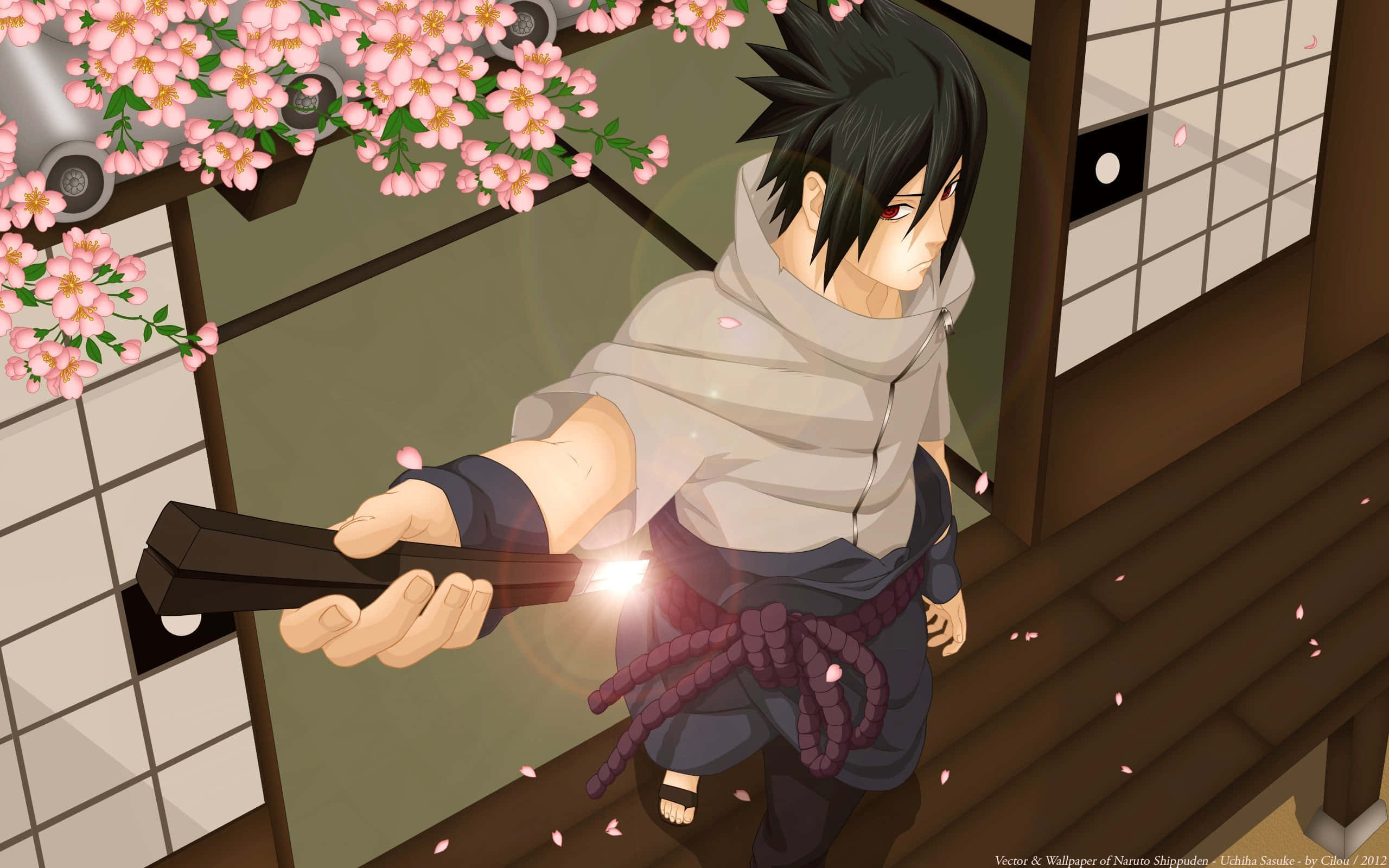 Sasuke Manga 桌布 壁紙 — 動漫角色宇智波佐助站在木製陽台上，櫻花飄落，手持帶有發光查克拉的苦無。