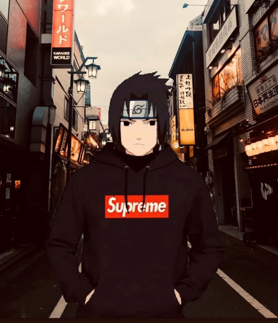 火影忍者 桌布 壁紙 — 動漫角色宇智波佐助站在東京一條狹窄的小巷中，身穿黑色Supreme連帽衫，雙手插在口袋裡。