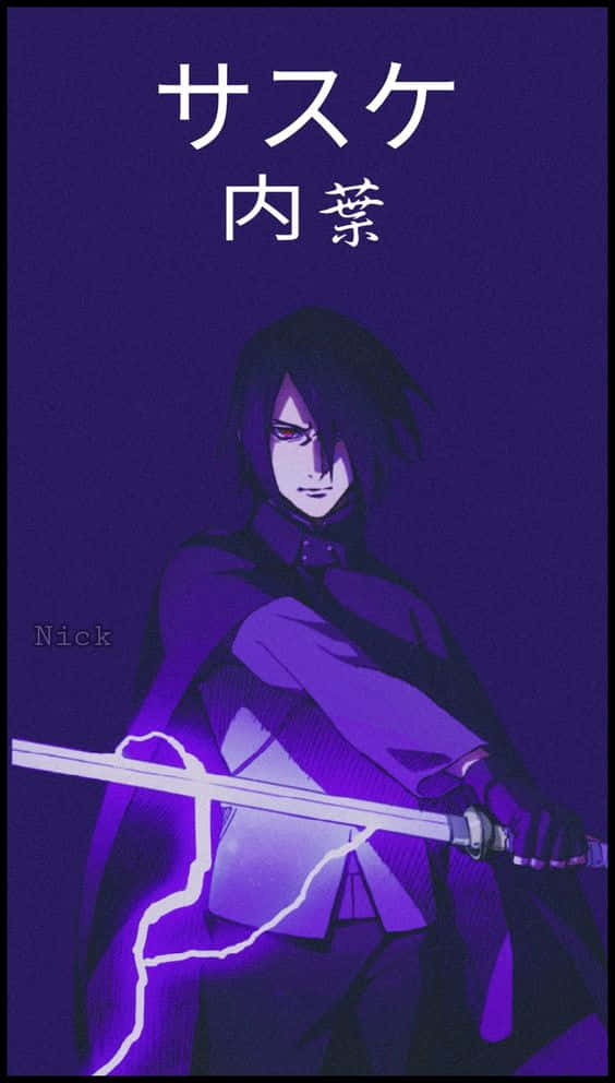 Purple Sasuke 桌布 壁紙 — 動漫角色宇智波佐助站在深紫色場景中，手持一把發光的劍，周圍有閃電劈啪作響。