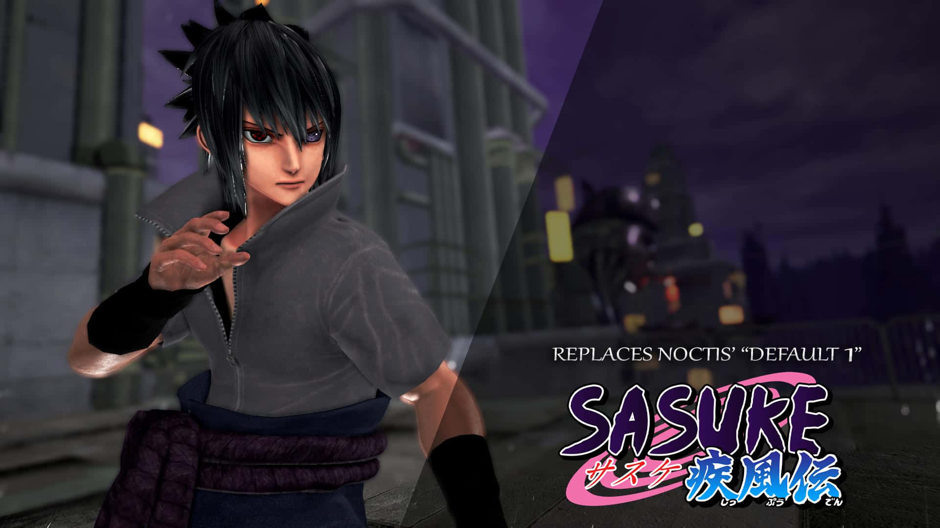 Sasuke 桌布 壁紙 — 動漫角色宇智波佐助站在黑暗的城市環境中，有發光的燈光和風格化的遊戲標題疊加。