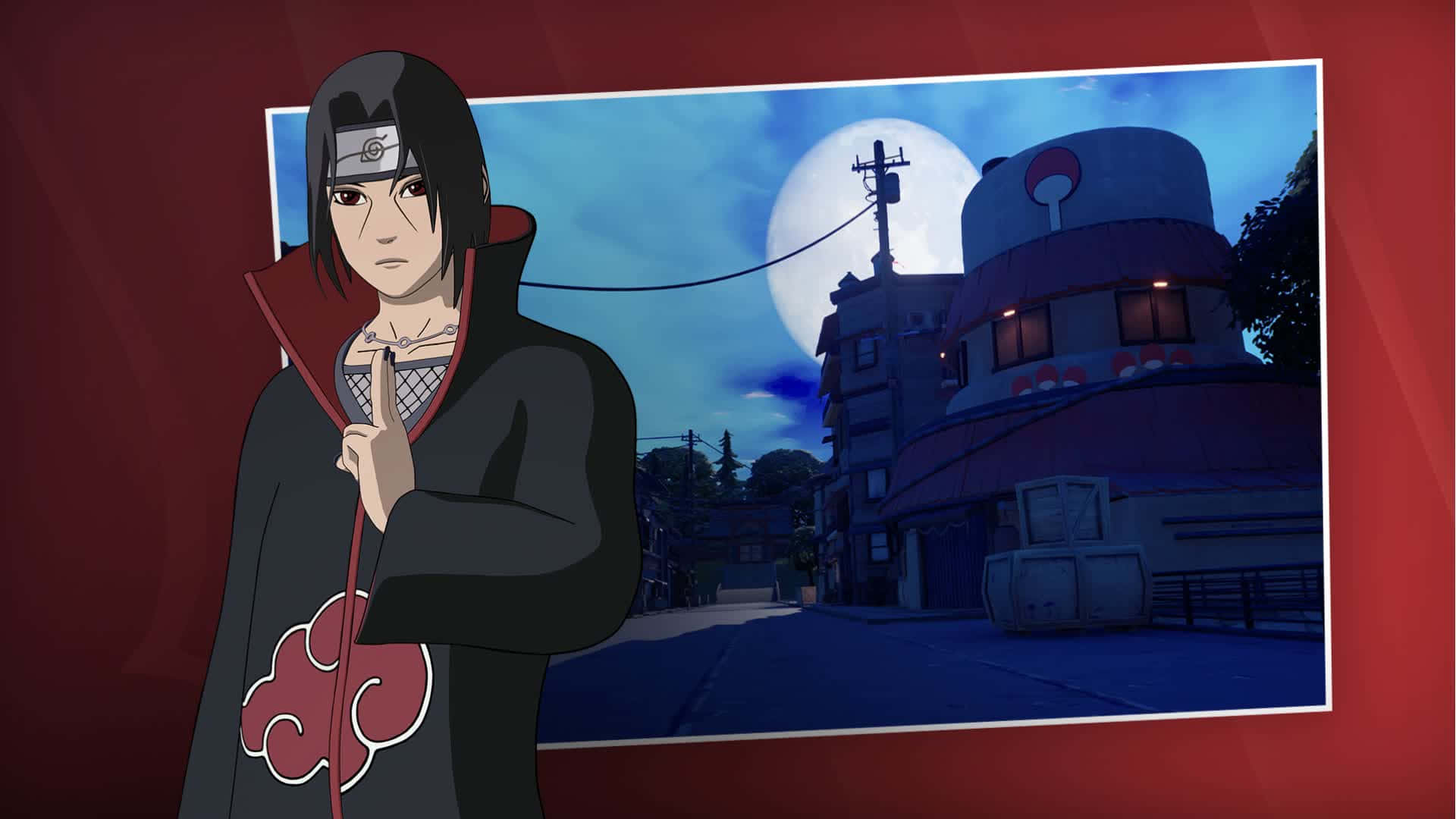 Genjutsu 桌布 壁紙 — 動漫角色宇智波佐助身穿曉組織斗篷，站在滿月下一個帶框的村莊場景前。
