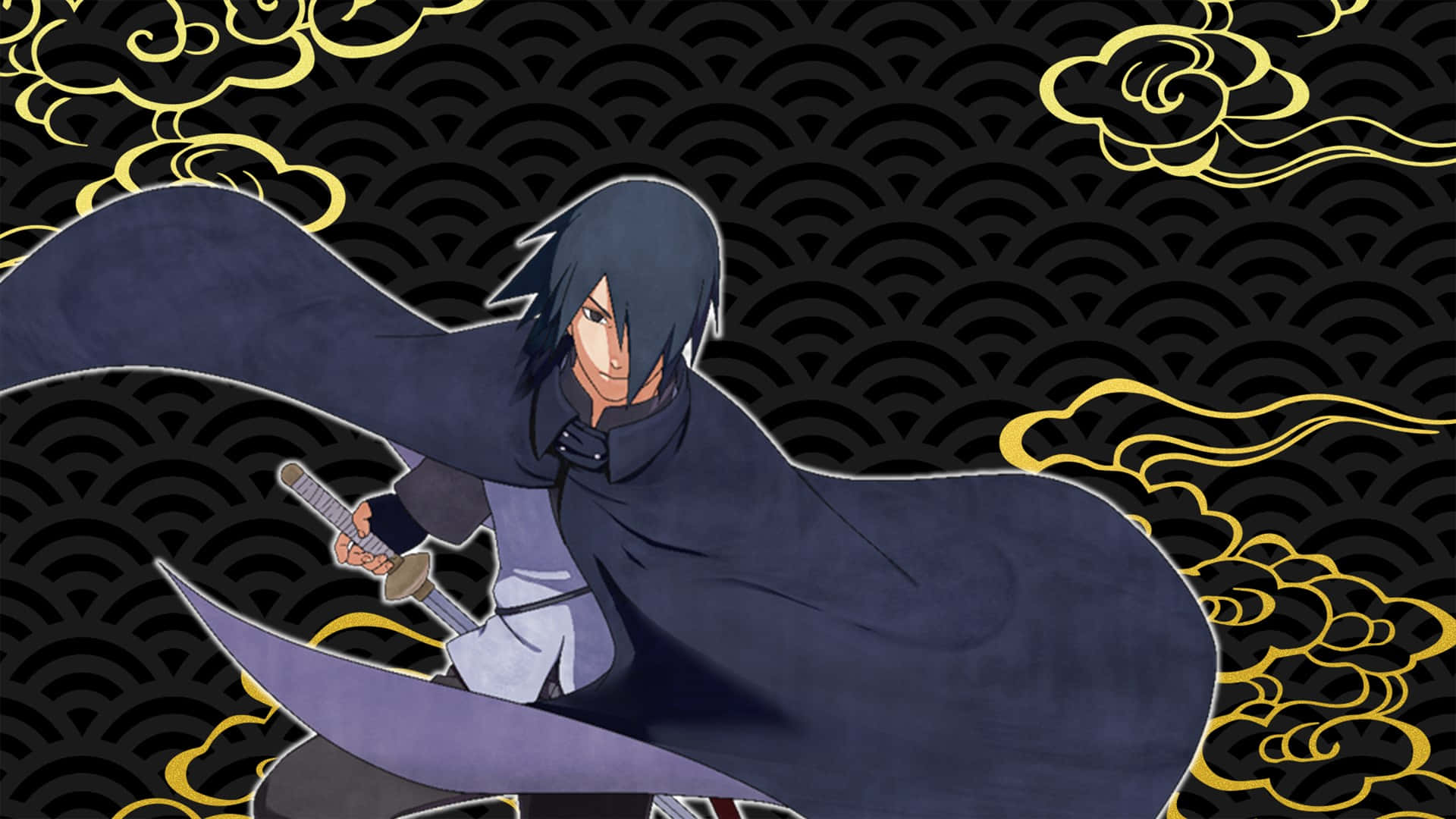 Sasuke 桌布 壁紙 — 動漫角色宇智波佐助身穿黑色斗篷手持劍，背景為黑色，帶有金色雲朵和波浪圖案。