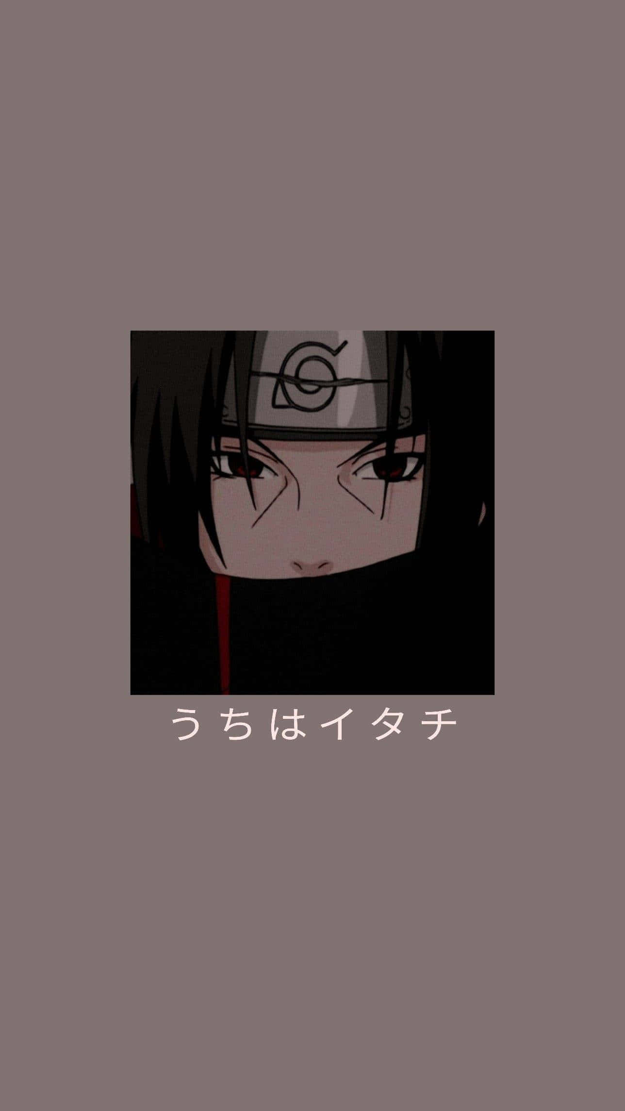 itachi uchiha iPhone 桌布 壁紙 — 動漫角色宇智波鼬，紅眼和頭帶，居中於柔和灰色背景上。