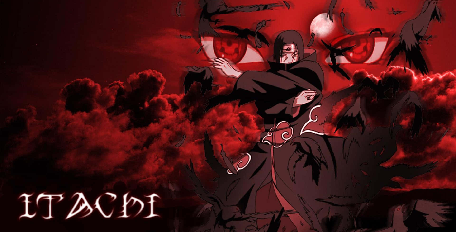 Genjutsu 桌布 壁紙 — 動漫角色宇智波鼬站在暗紅色的風暴中，眼睛發出紅光，黑色烏鴉在他周圍盤旋。