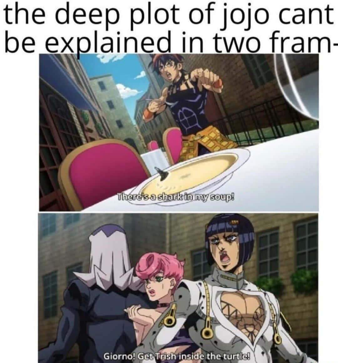 Jojo Meme 桌布 壁紙 — 動漫角色對湯中的鯊魚和城市街景中的烏龜命令作出戲劇性反應。