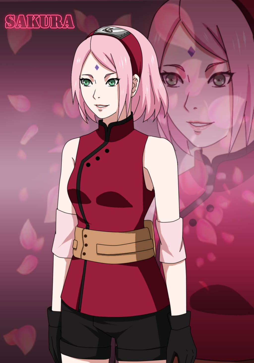 動漫女孩 桌布 壁紙 — 動漫角色小櫻自信地穿著紅色服裝，站在粉紅色櫻花背景前，身後有一個半透明的幽靈般的自己。