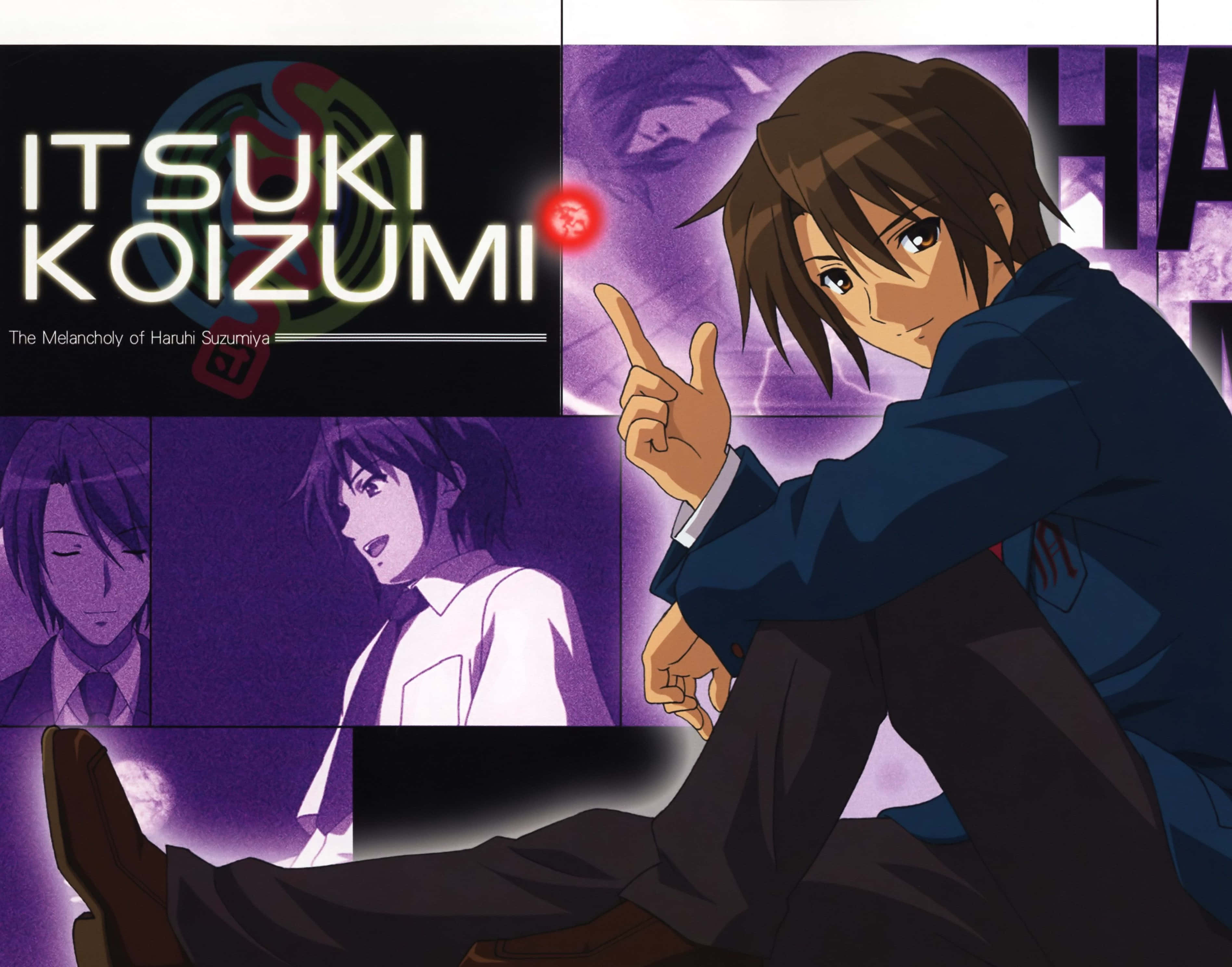 Itsuki Koizumi 桌布 壁紙 — 動漫角色小泉一樹自信地指向紫色背景，背景帶有漫畫風格面板和發光文字。