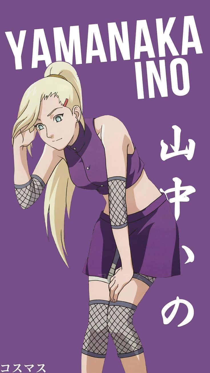 Ino Yamanaka 桌布 壁紙 — 動漫角色山中井野自信地擺出姿勢，身穿紫色服裝，背景為純紫色，她的名字以粗體白色文字顯示。