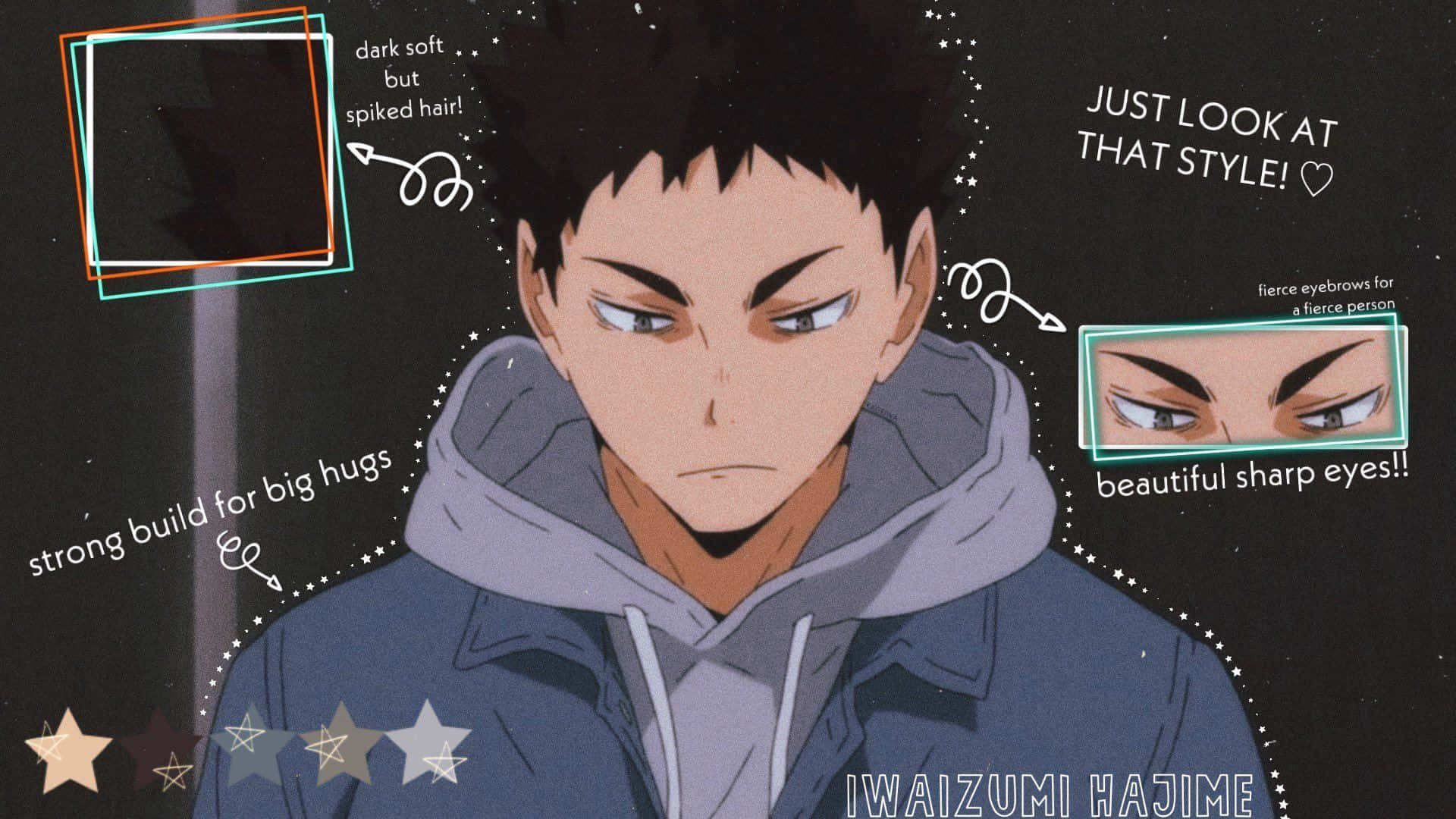 iwaizumi hajime 桌布 壁紙 — 動漫角色岩泉一，擁有深色刺蝟頭和銳利眼神，在星空黑色背景和設計註釋前強烈凝視。