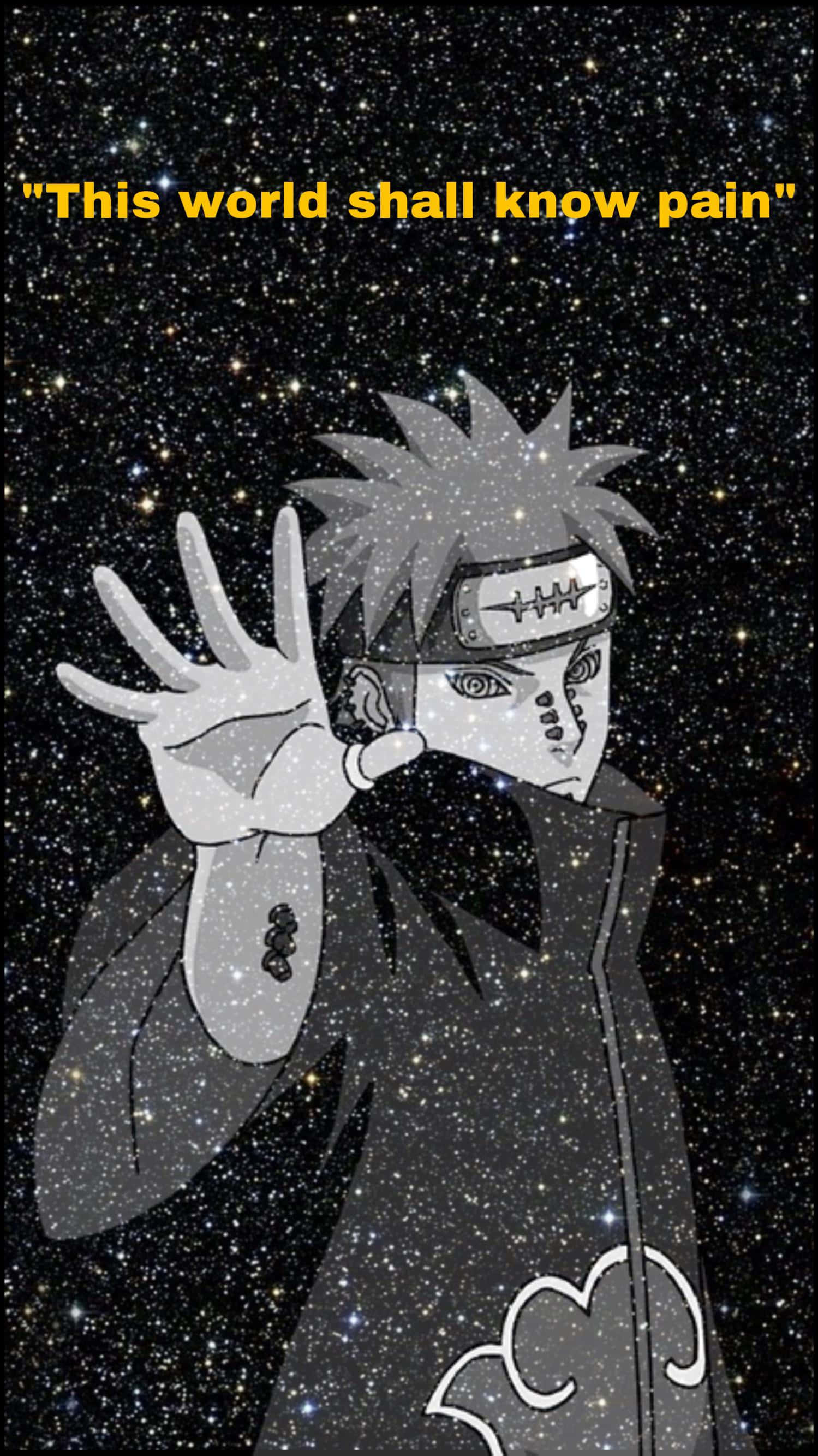Sad Aesthetic Naruto 桌布 壁紙 — 動漫角色帶刺頭髮和頭帶，在閃爍星空背景下舉手，附有引文文字。