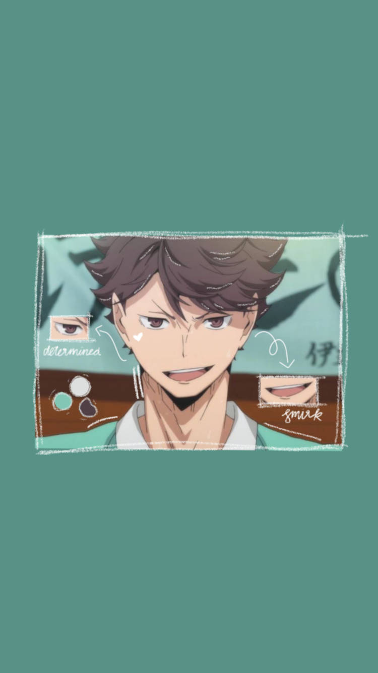 toru oikawa 桌布 壁紙 — 動漫角色帶有堅定的眼神和冷笑，以素描風格設計展示，並標有面部特徵。