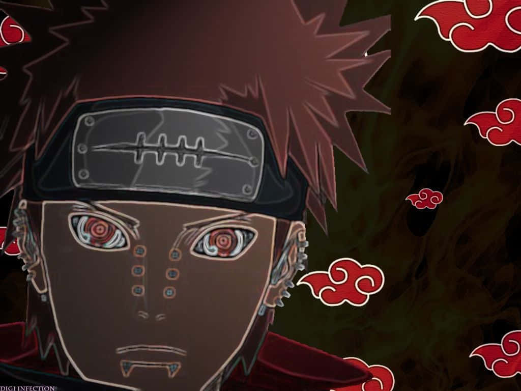 Nagato 桌布 壁紙 — 動漫角色帶有紅色雲朵符號和獨特的眼睛設計，在黑暗背景下強烈凝視。