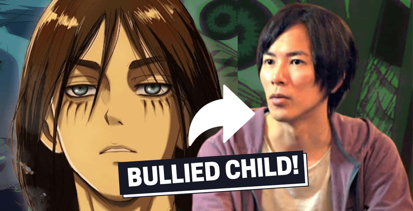 Isayama Hajime 桌布 壁紙 — 動漫角色帶著疲憊的眼神，旁邊是一個真人，箭頭指向文字「被霸凌的孩子」！