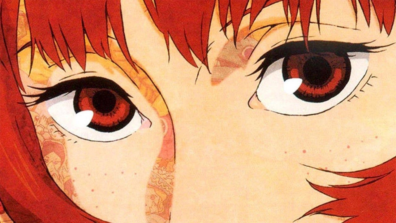 satoshi kon 桌布 壁紙 — 動漫角色強烈的紅色眼睛、火焰般的頭髮和細緻的面部特徵的特寫。