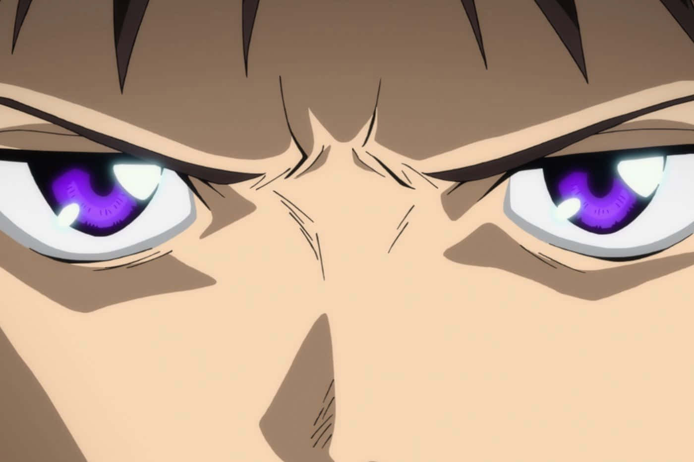 Evangelion 30 10 桌布 壁紙 — 動漫角色強烈眼神的特寫，帶有發光的紫色虹膜和皺起的眉毛，傳達出兇猛的決心。