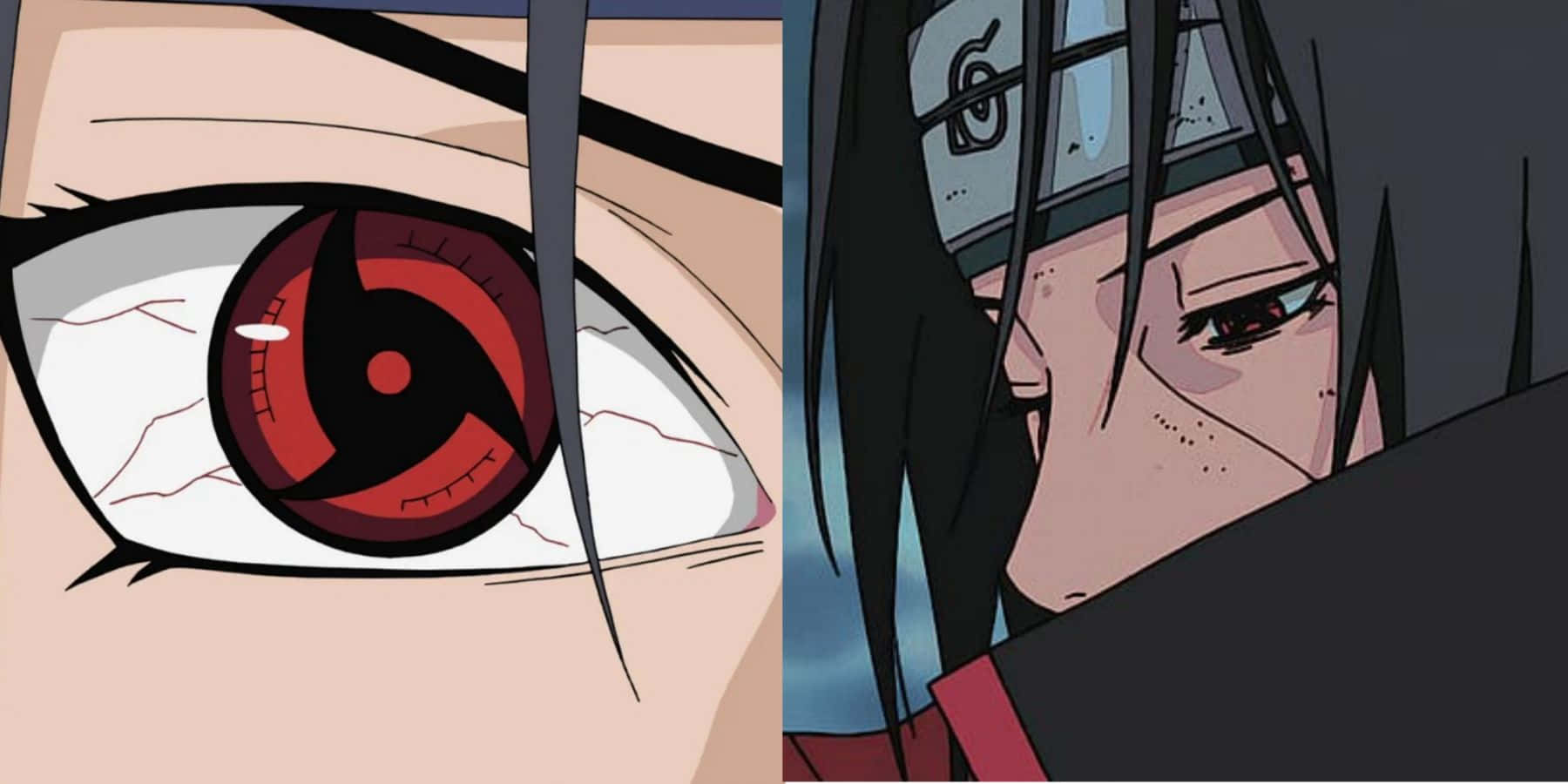 Mangekyou Sharingan 桌布 壁紙 — 動漫角色強烈紅眼（帶黑色巴紋）的特寫，側面顯示頭帶和深色頭髮。