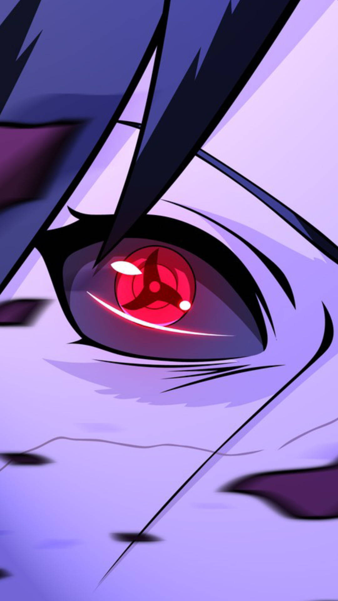Mangekyou Sharingan 桌布 壁紙 — 動漫角色強烈紅眼的特寫，帶有發光的巴紋圖案，背景為紫色。