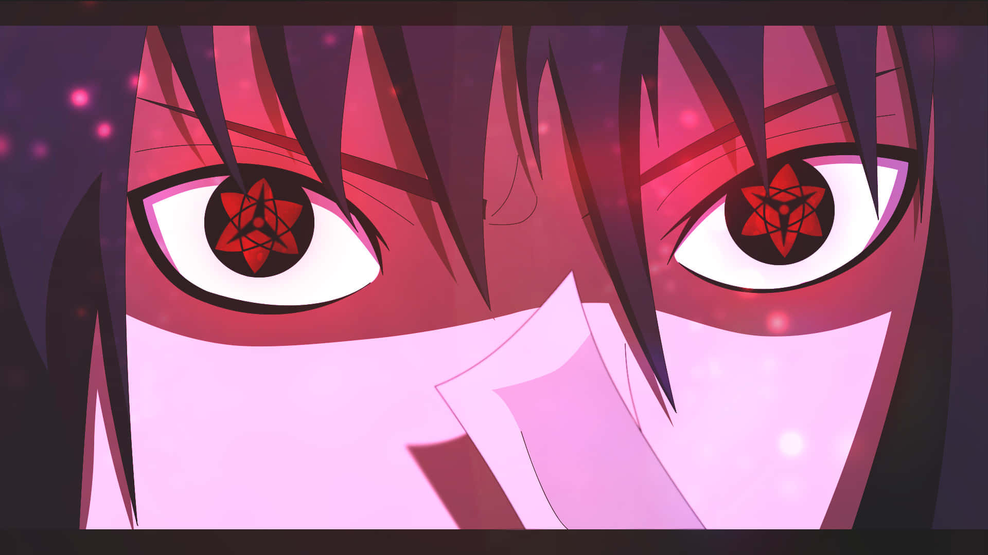 Mangekyou Sharingan 桌布 壁紙 — 動漫角色強烈紅眼的特寫，瞳孔呈星形，在粉紅和紫色調中發光。