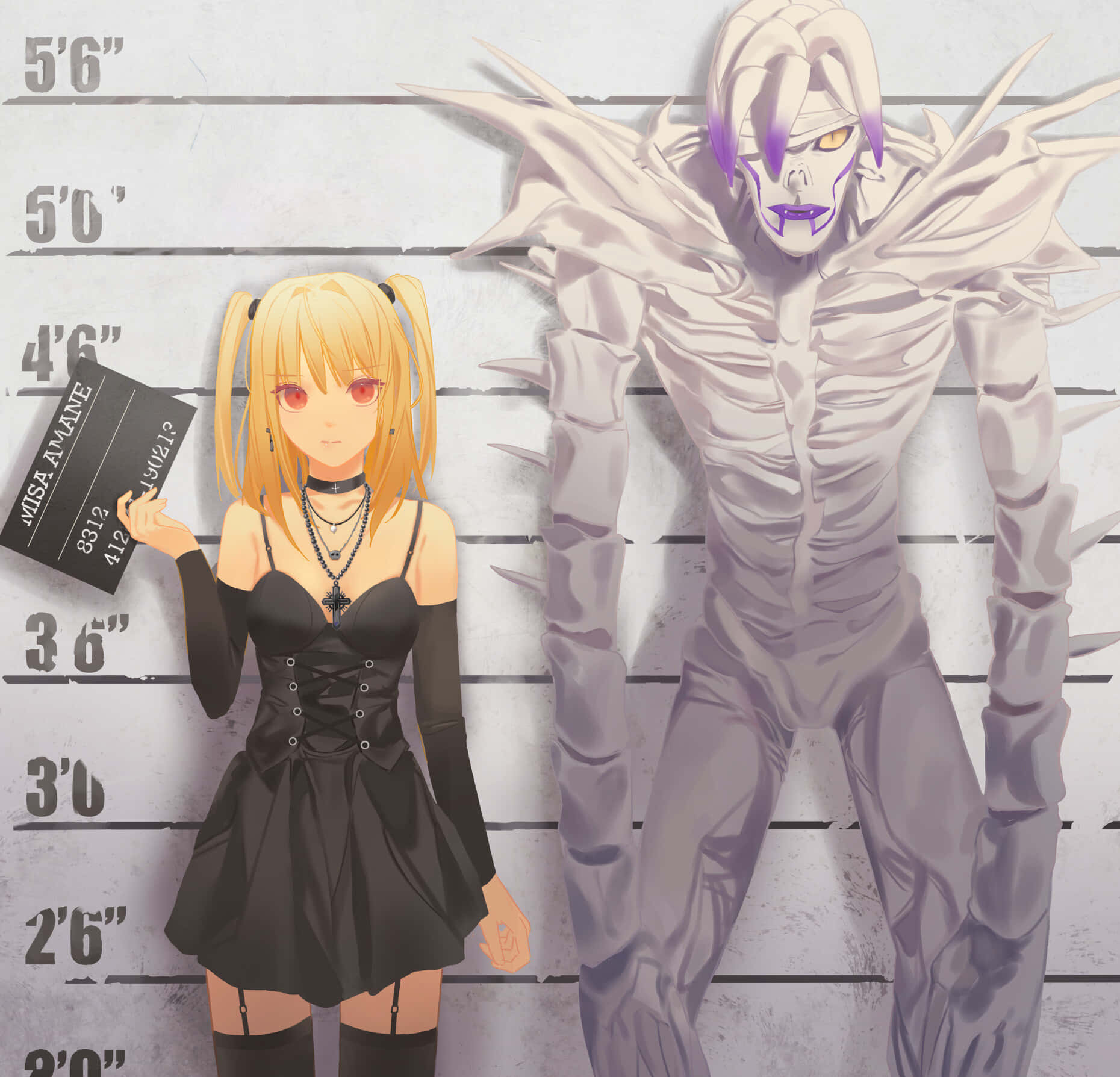 Death Note Rem 桌布 壁紙 — 動漫角色彌海砂和琉克在身高測量牆前擺姿勢拍攝警方檔案照。
