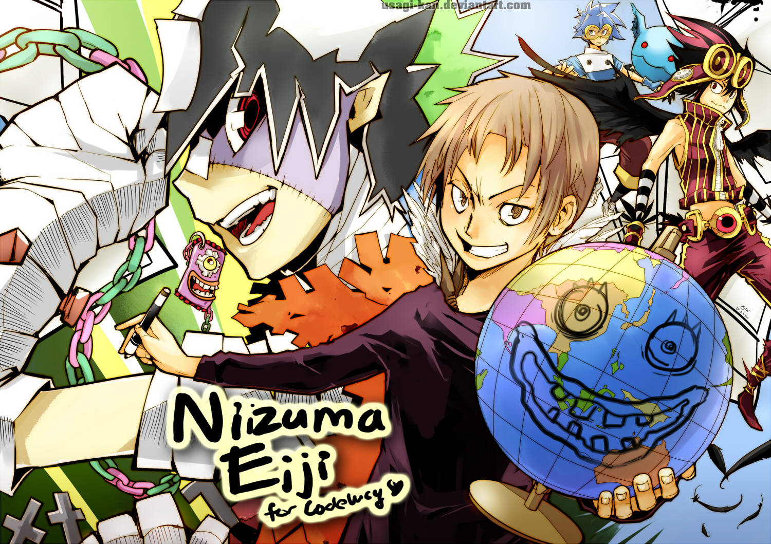 Bakuman 桌布 壁紙 — 動漫角色從一個混亂的紙張和鏈條拼貼畫中爆發出來，圍繞著一個帶有咧嘴笑臉的地球。