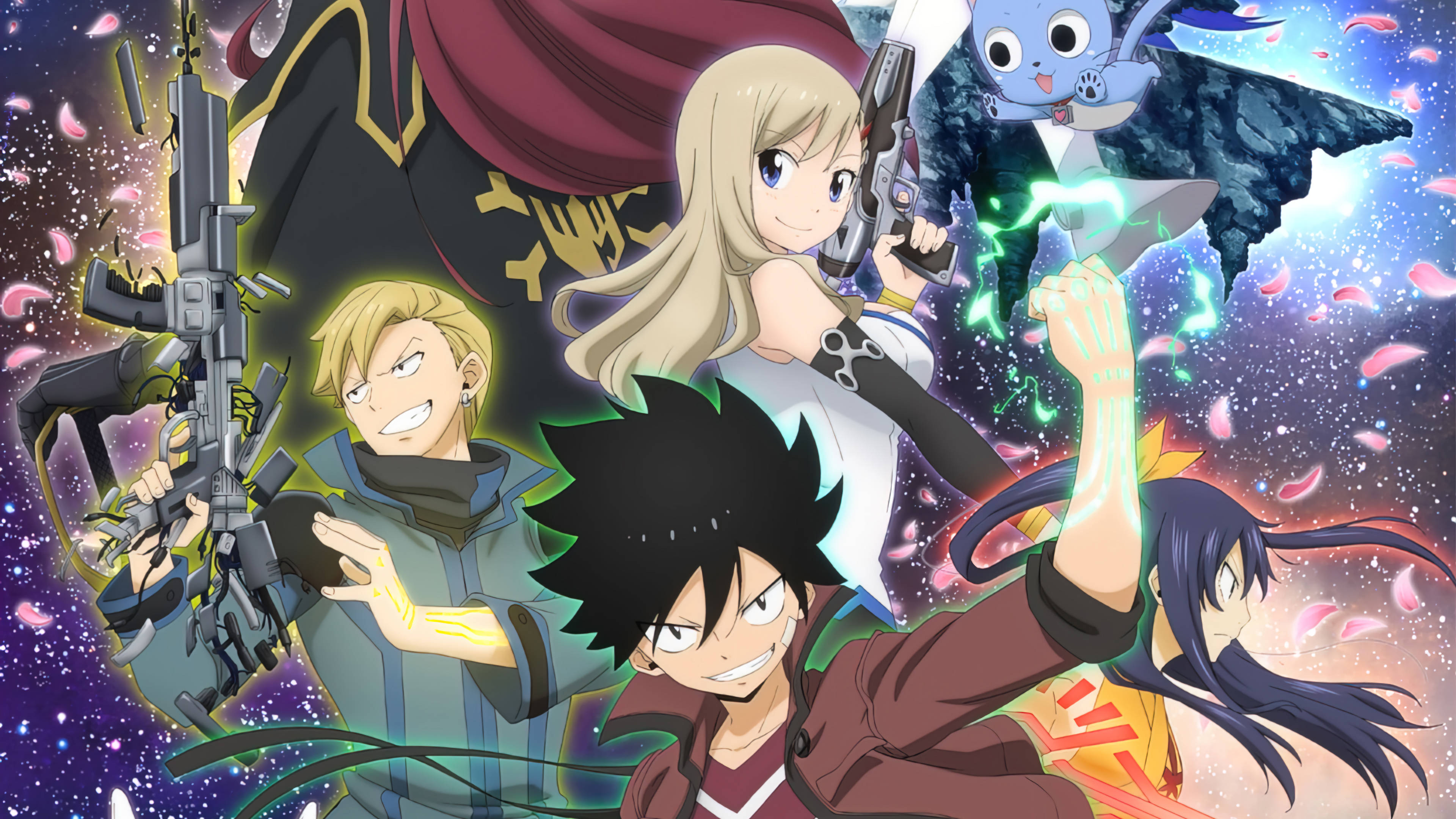 Edens Zero 桌布 壁紙 — 動漫角色從充滿發光花瓣和星星的宇宙天空中釋放武器和魔法爆發。