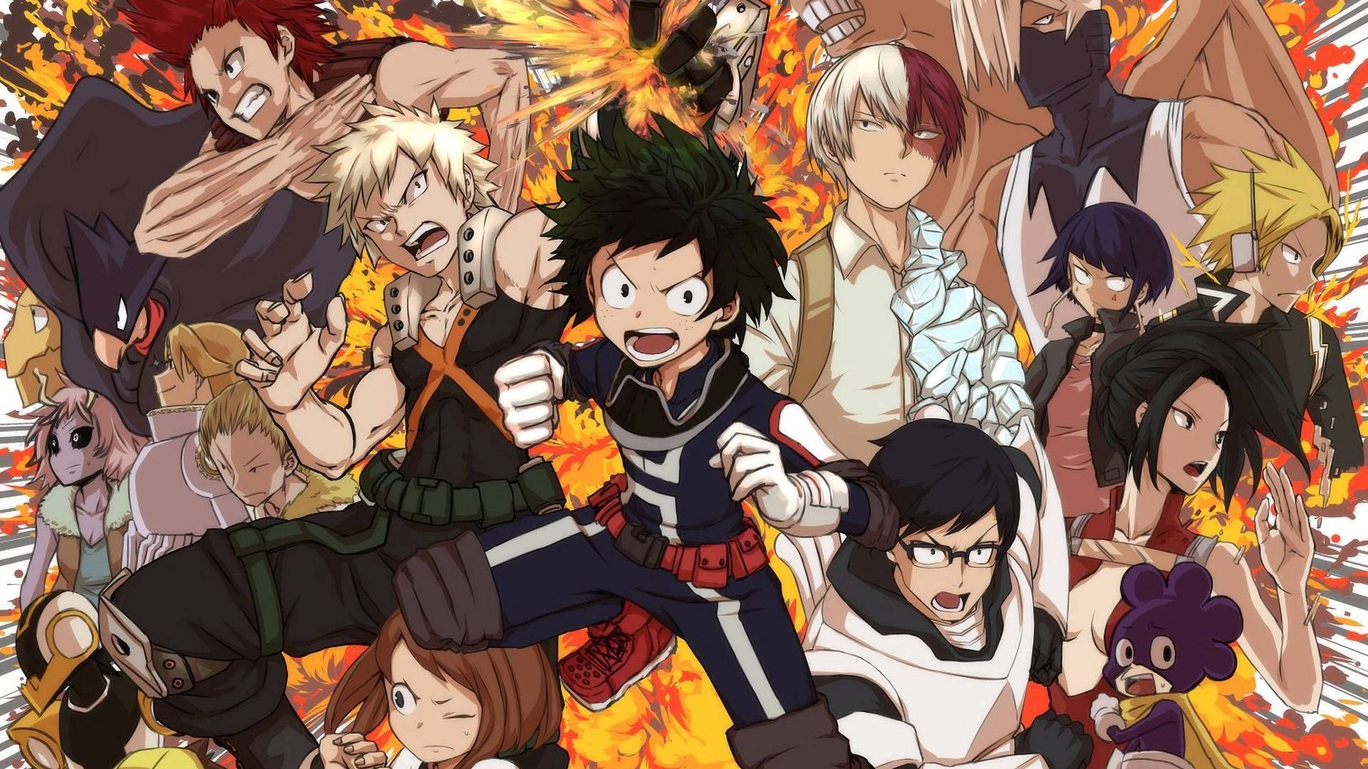 Bnha 桌布 壁紙 — 動漫角色從熾熱的爆炸中爆發，呈現出充滿能量的動作場景。