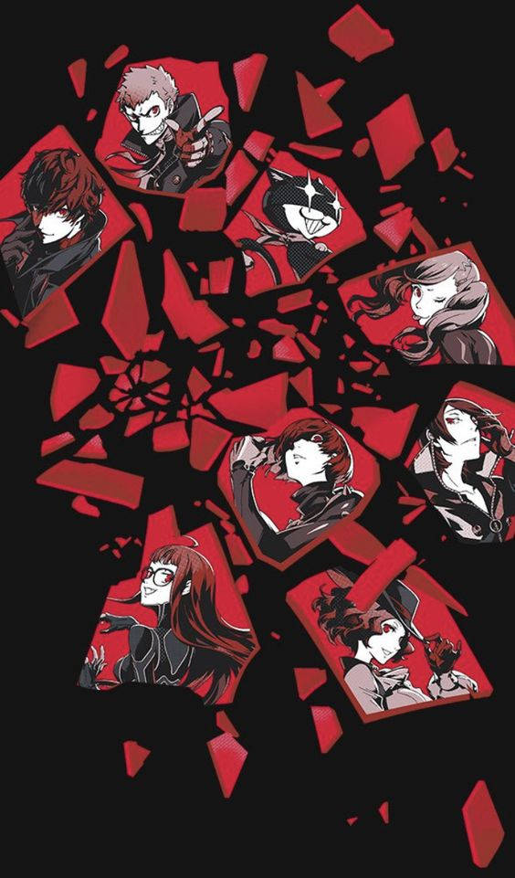 Persona 5 Phone 桌布 壁紙 — 動漫角色從破碎的紅色玻璃中浮現，背景為黑色，構成動態且碎片化的畫面。