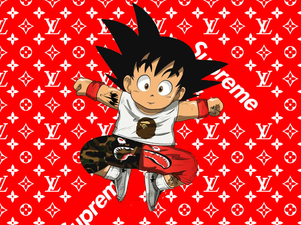 桌布 壁紙 — 動漫角色悟空以動態姿勢，襯托印有白色 Louis Vuitton 標誌和 Supreme 文字的鮮紅色背景。