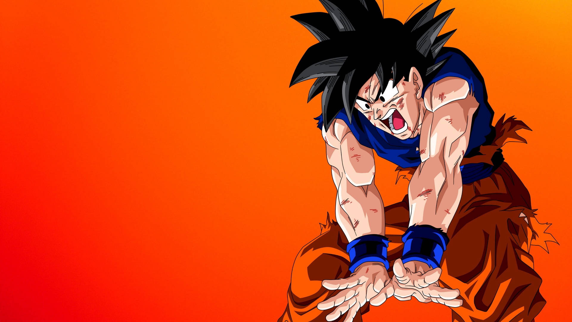 Awesome Goku 桌布 壁紙 — 動漫角色悟空以戰鬥姿態對抗熾熱的橙色漸變背景。