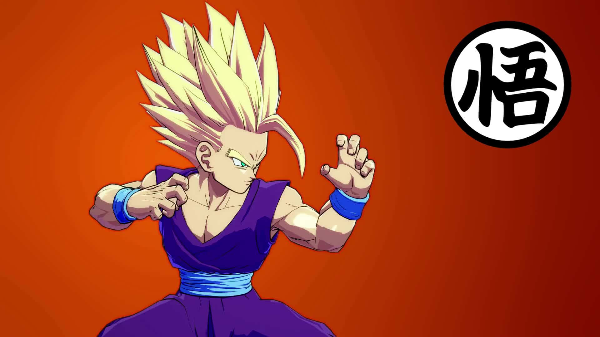 Teen Gohan 桌布 壁紙 — 動漫角色悟空以超級賽亞人型態，在帶有「悟」符號的火焰橙色漸層背景前動態擺姿勢。