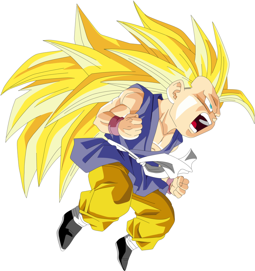 kid goku 桌布 壁紙 — 動漫角色悟空以超級賽亞人型態，金色尖刺頭髮和藍色道服，帶著強烈表情向前衝。