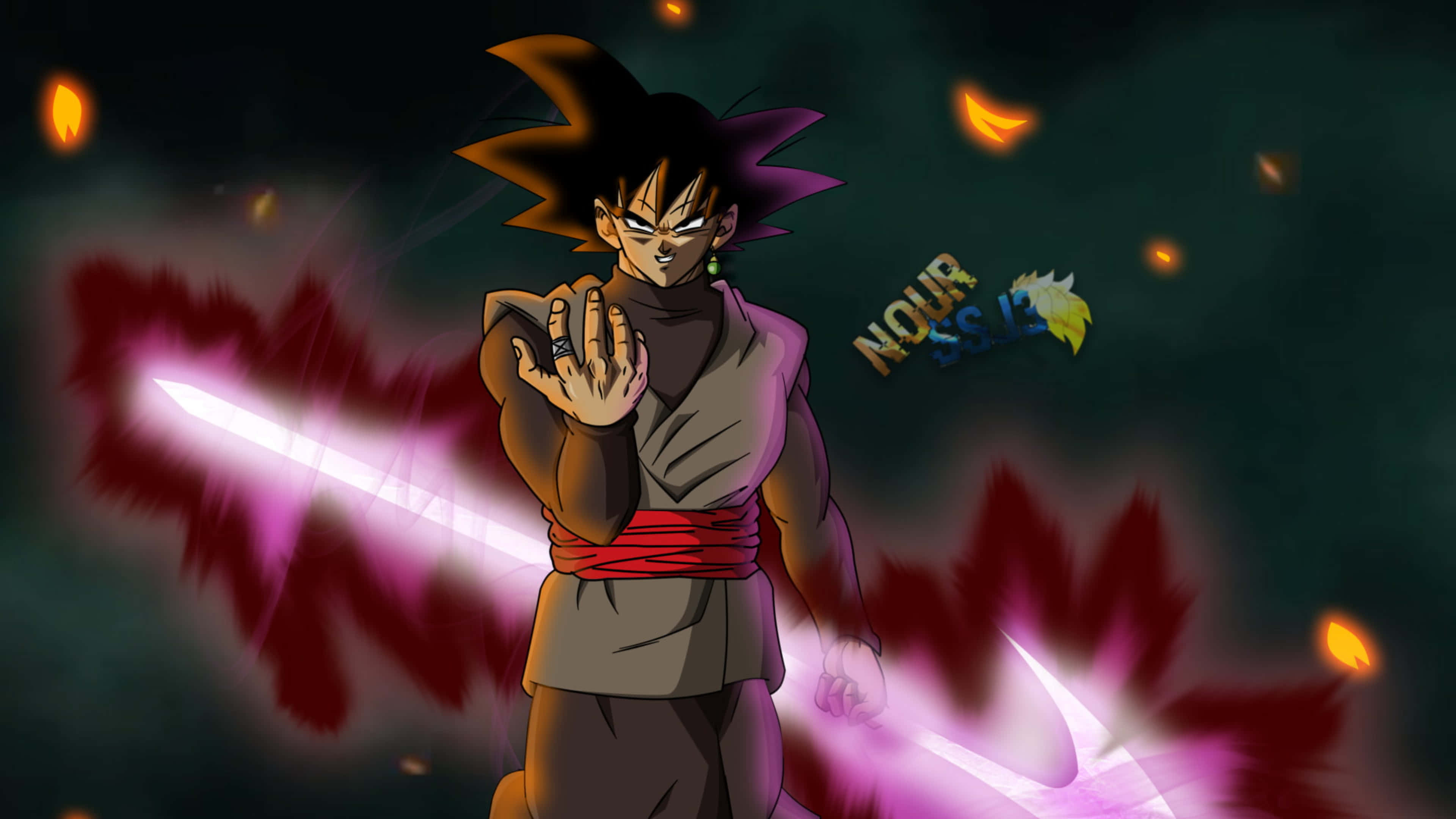 Goku Black 4K 桌布 壁紙 — 動漫角色悟空以超級賽亞人形態，在黑暗熾熱的背景中引導紫色能量爆炸。