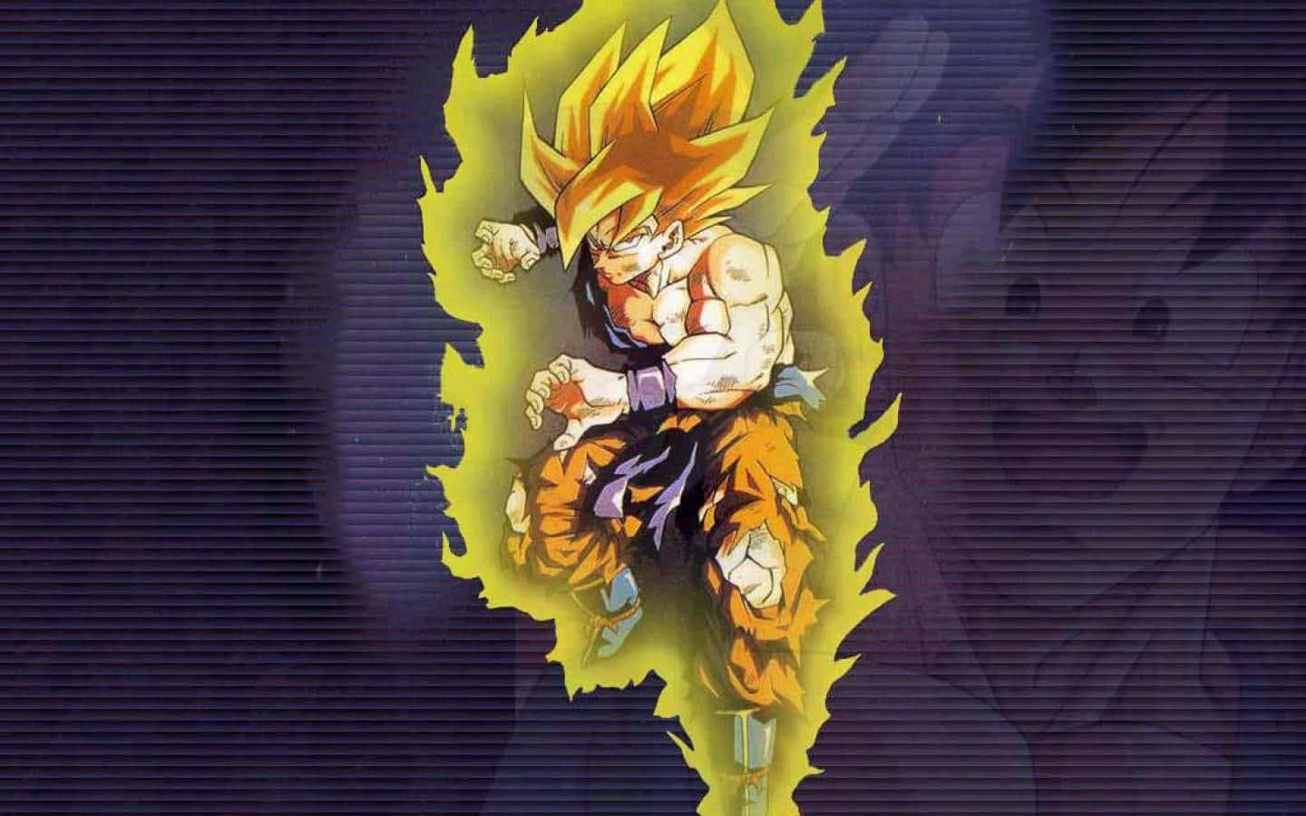 Saiyan 桌布 壁紙 — 動漫角色悟空以超級賽亞人形態，在深紫色背景下散發出強烈的黃色能量。