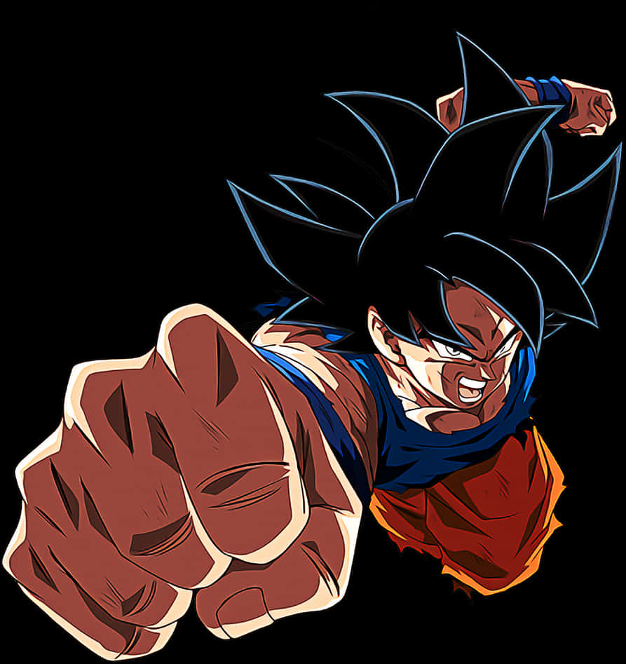 Goku Dragon Ball Super 桌布 壁紙 — 動漫角色悟空以超級賽亞人形態，在黑色背景前以強烈表情向前出拳。