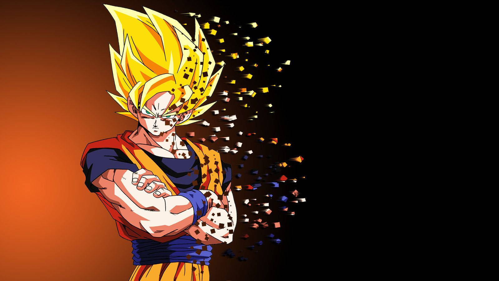 Dbz 桌布 壁紙 — 動漫角色悟空以超級賽亞人形態，金髮和發光的眼睛，站在橙色漸變背景前，身體分解成彩色像素碎片。