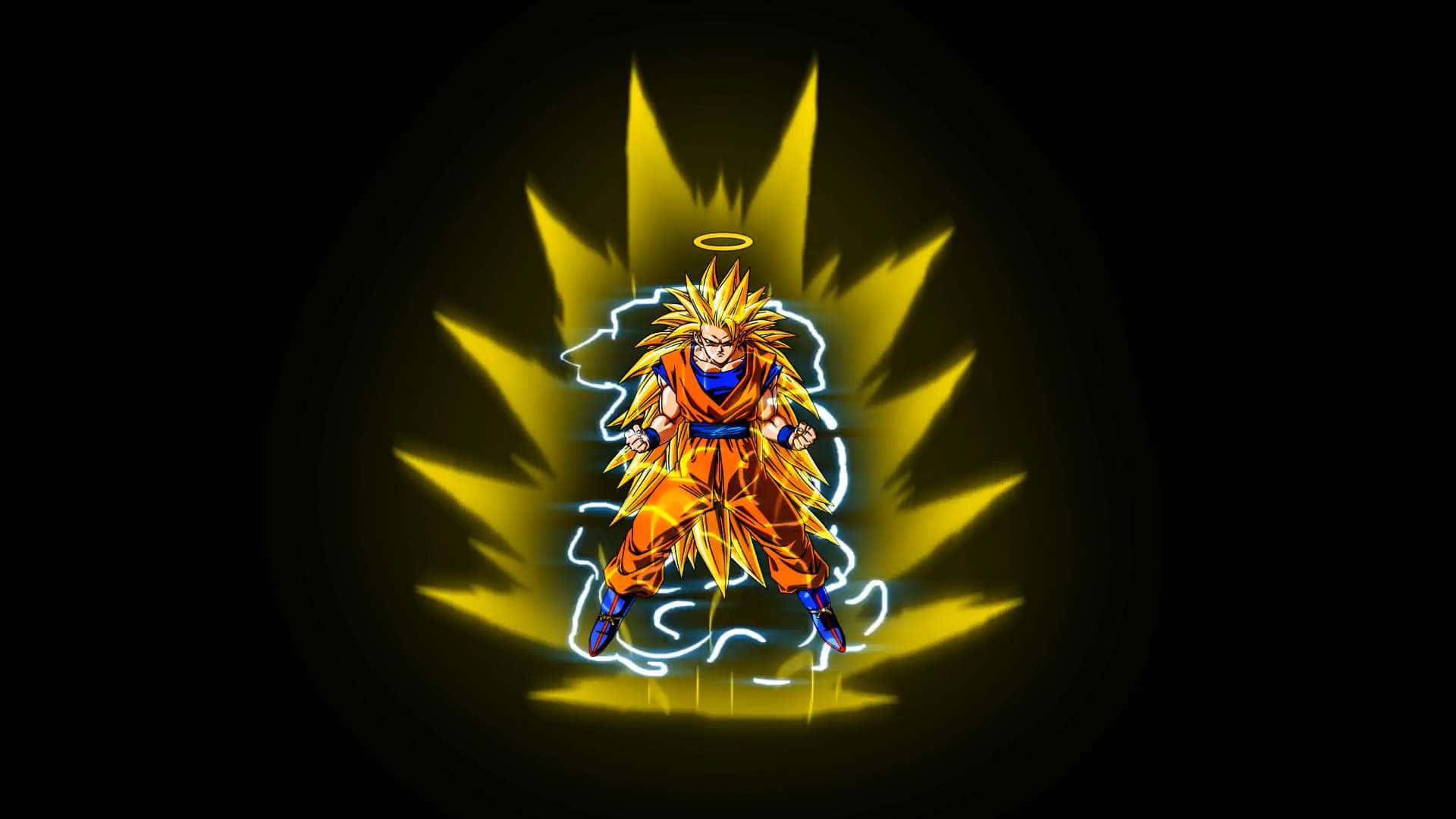 Saiyan 桌布 壁紙 — 動漫角色悟空以超級賽亞人形態散發出金色能量和閃電，背景為深色。