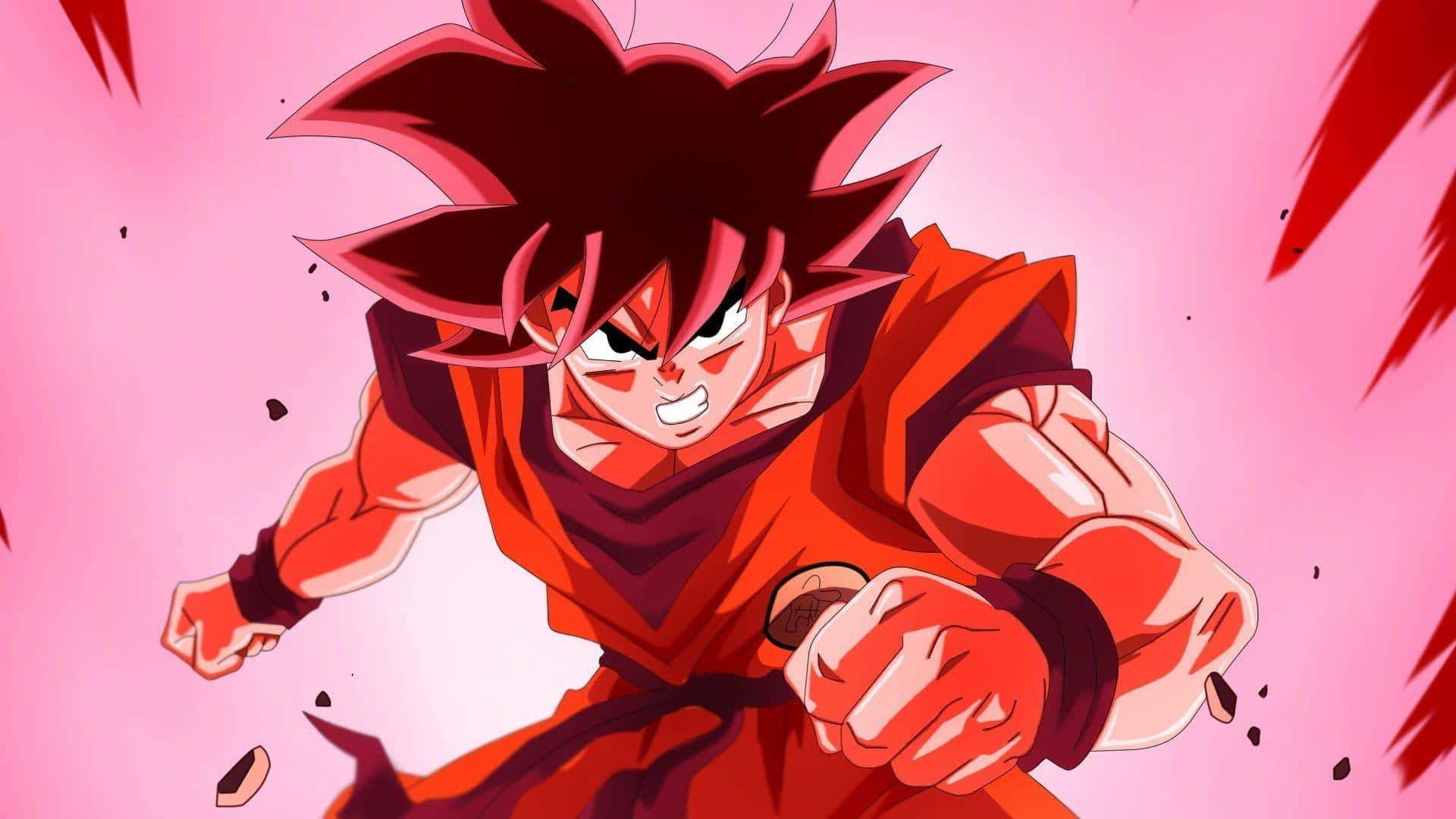 Goku Kaioken 桌布 壁紙 — 動漫角色悟空以超級賽亞人桃紅形態，帶著強烈表情在充滿活力的粉紅色背景前向前衝。