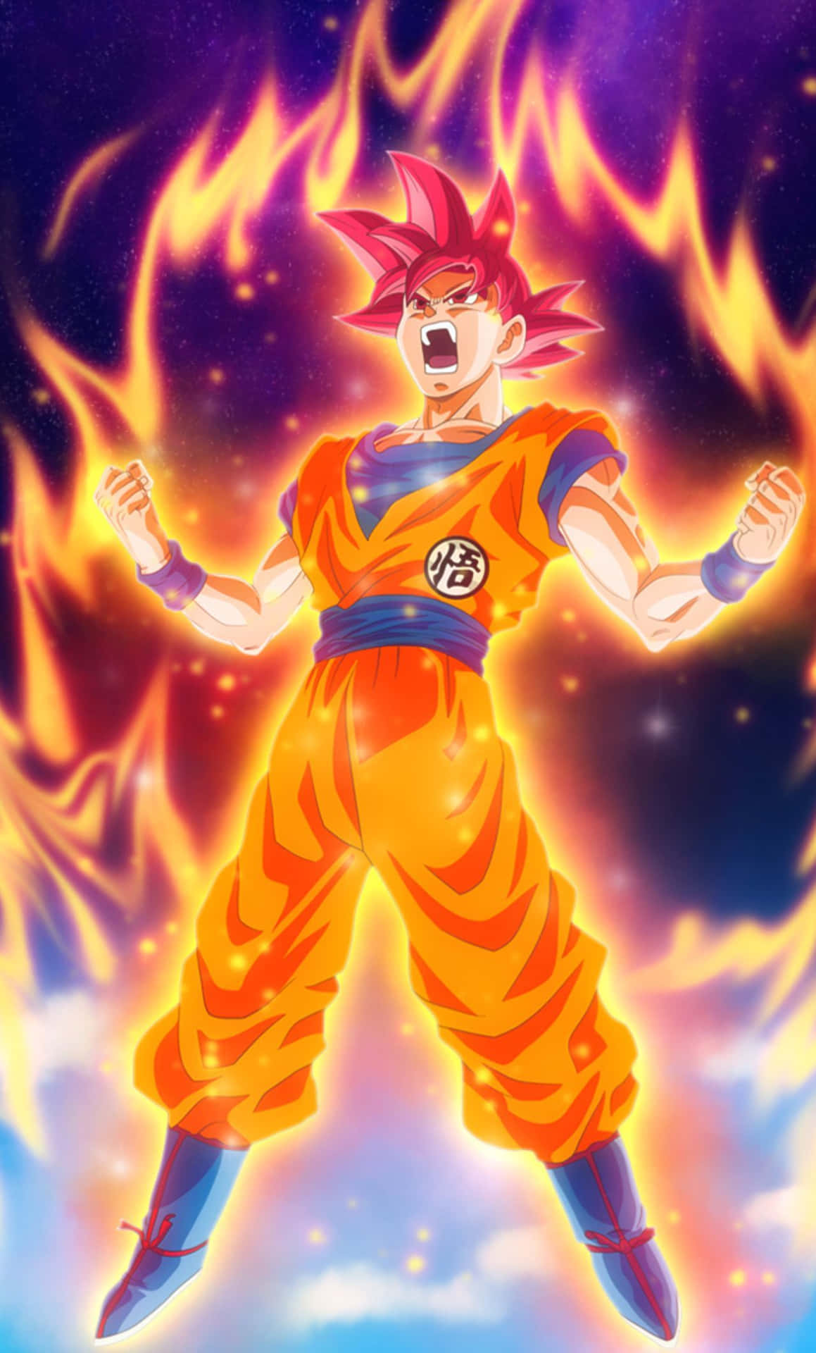 Dragon Ball iPhone 桌布 壁紙 — 動漫角色悟空以超級賽亞人神型態，在宇宙星空背景下，帶著熾熱氣場咆哮。