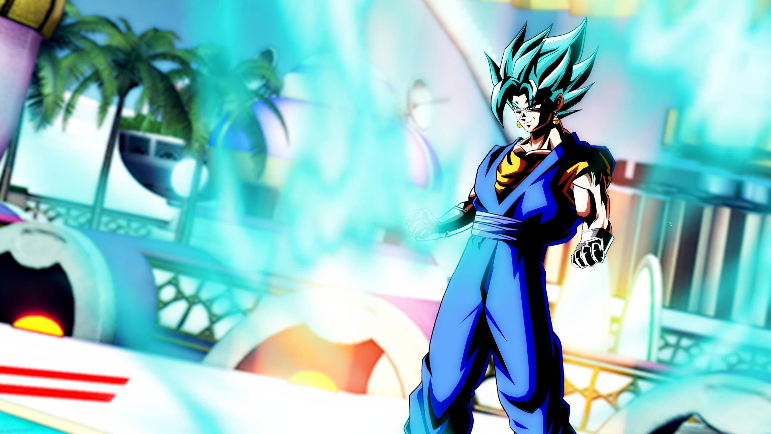 Vegito 桌布 壁紙 — 動漫角色悟空以超級賽亞人藍型態，在熱帶未來城市景觀背景下，於發光的藍色能量光環中強力站立。