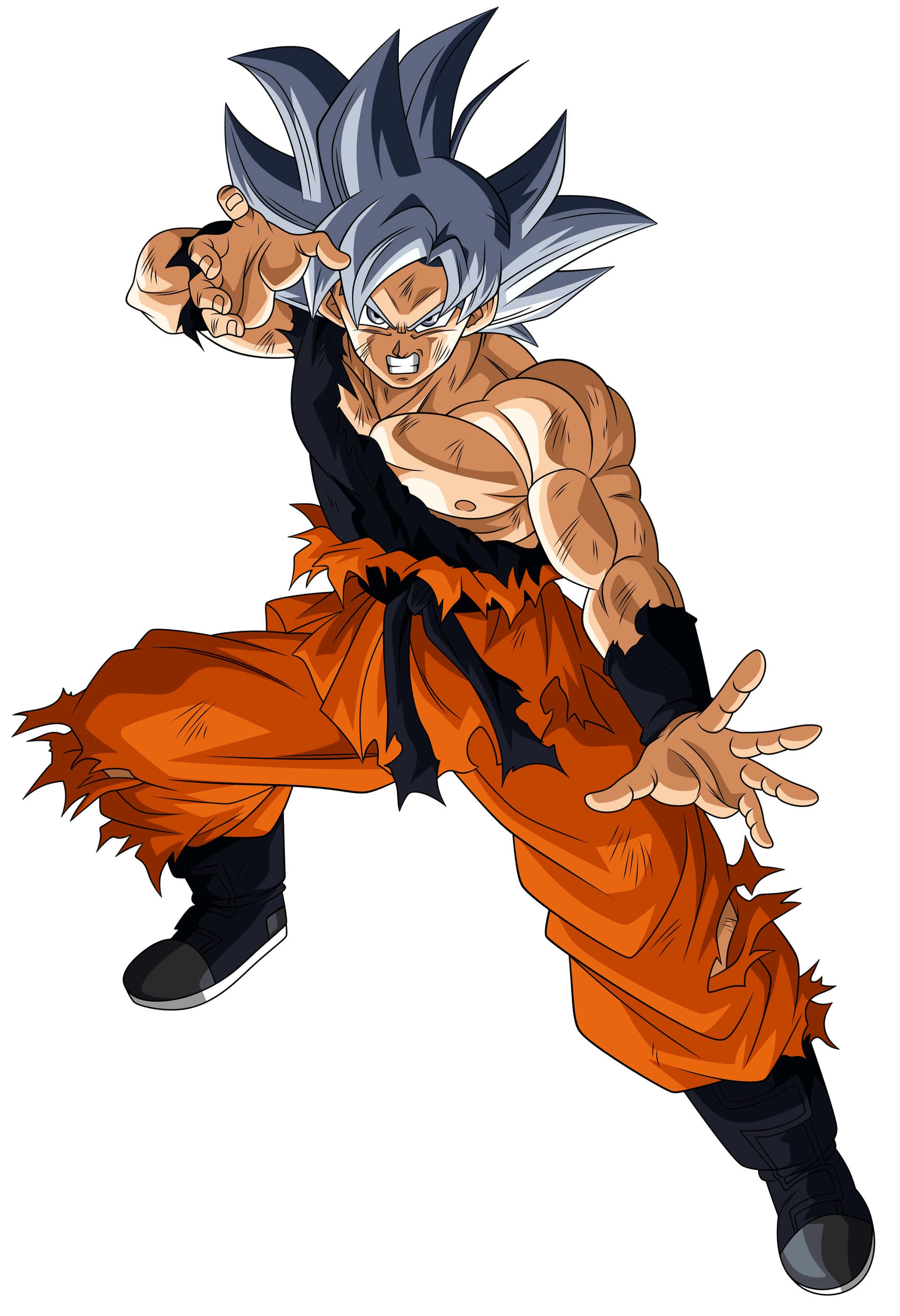 Mui Goku 桌布 壁紙 — 動漫角色悟空以超級賽亞人藍形態擺出強力的戰鬥姿勢，擁有尖刺的銀色頭髮和破損的橙色道服。