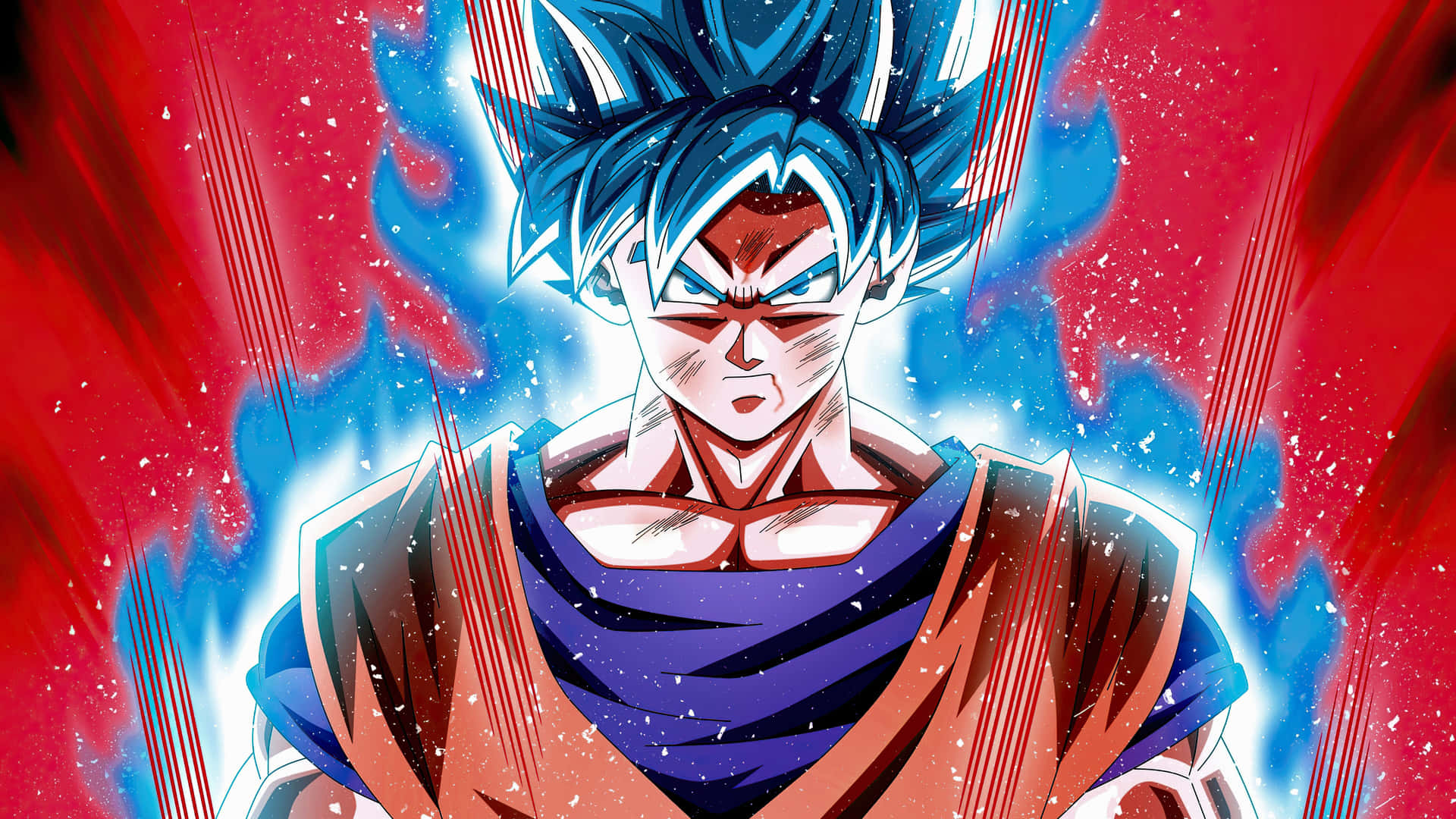 Goku Dragon Ball Super 桌布 壁紙 — 動漫角色悟空以超級賽亞人藍形態散發出強烈的藍色和紅色能量，表情兇猛。