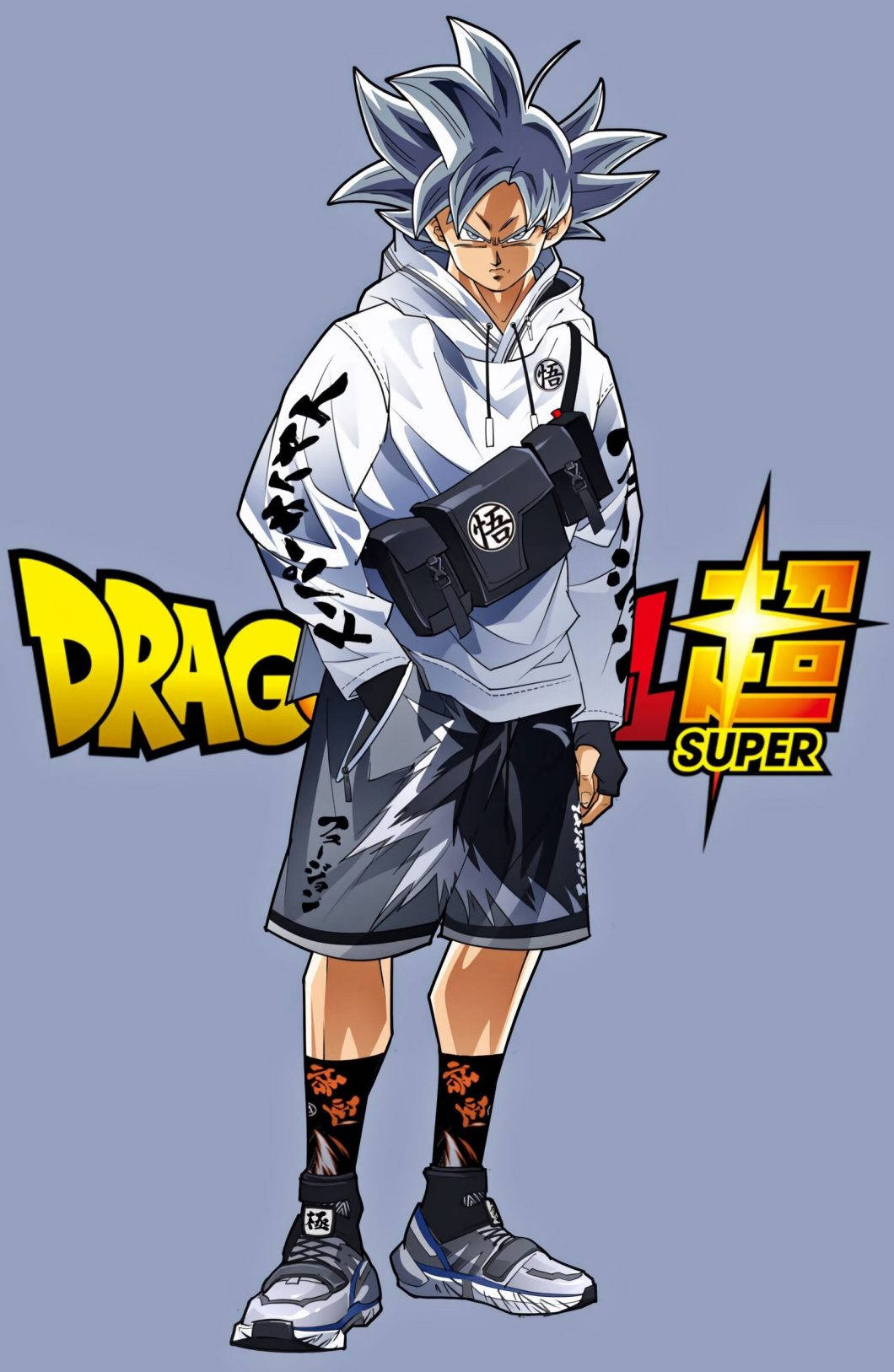  壁紙 — 動漫角色悟空以超級賽亞人藍色型態自信地站立，穿著休閒街頭服飾，背景為純藍色。