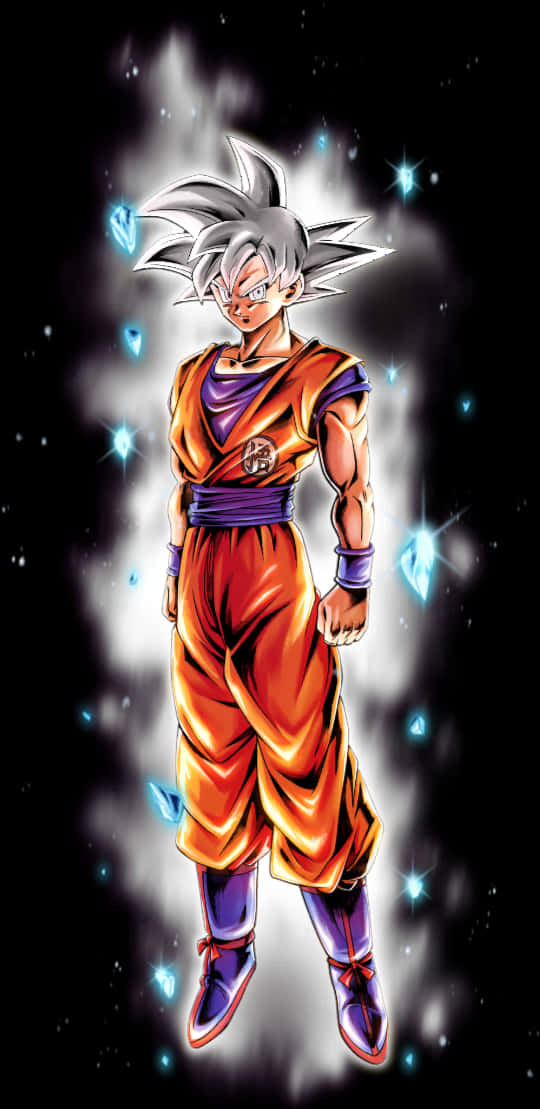 Goku Dragon Ball Super 桌布 壁紙 — 動漫角色悟空以超級賽亞人藍色型態，在帶有發光藍色能量粒子的宇宙背景下強勢站立。